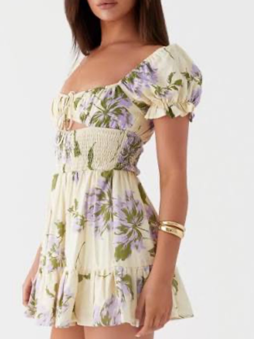 Peppermayo Cream Mini Dress with Lilac Floral Print